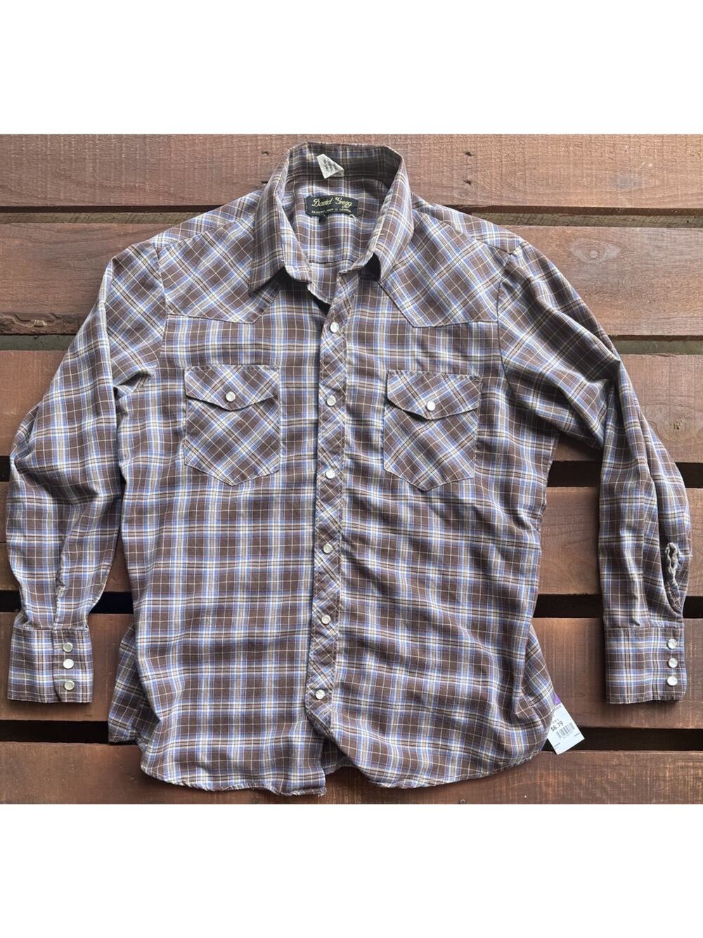 Vintage David Gregg Western Pearl Snap Shirt Large Brown Plaid 70s 80s Mens